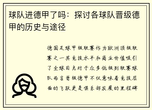 球队进德甲了吗：探讨各球队晋级德甲的历史与途径